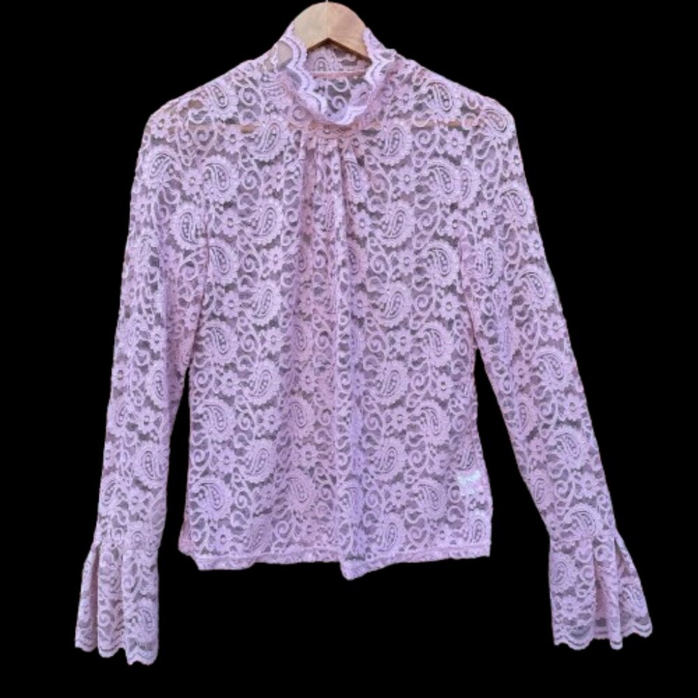 Romantic Sheer Lace Blouse Large Pink Mock Neck Long Bell Sleeve Pullover